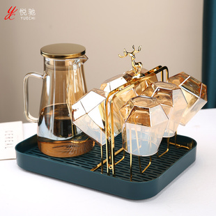家用客厅耐热玻璃喝水杯子家庭茶杯可沥水茶盘 轻奢风杯架水具套装