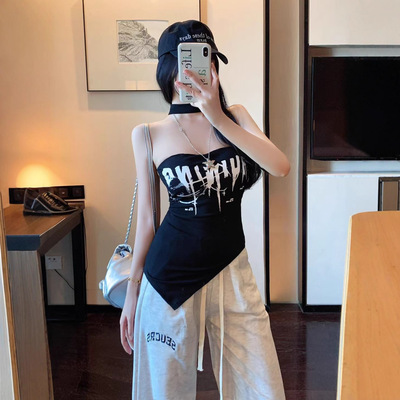 性感辣妹风字母印花露肩挂脖抹胸背心不规则收腰打底上衣带胸垫
