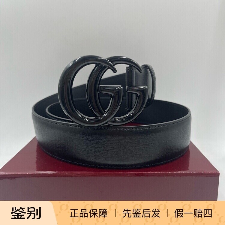 GUCCI古驰 GG Marmont 双G标识造型扣 皮革 皮带 黑色 宽4cm图片