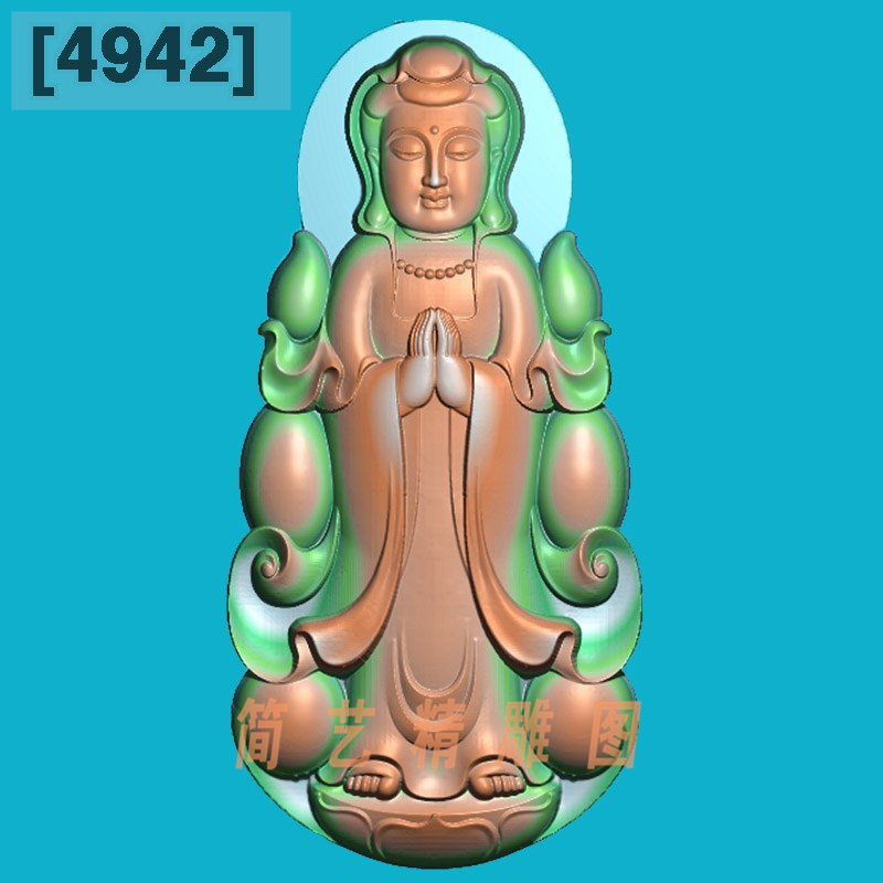 4942新合十立体站观音佛随形挂件精雕图玉雕电脑雕刻浮雕图灰度图