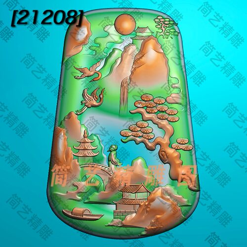 玉雕图精雕图梯形山水浮雕图灰度图bmp