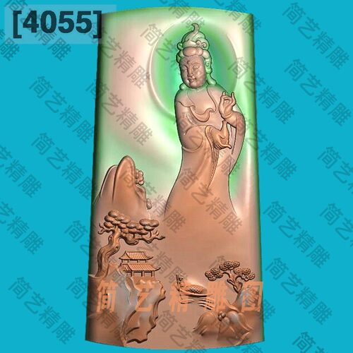4055新长型山水飘站观音精雕图玉雕意境人物电脑雕刻浮雕图灰度图