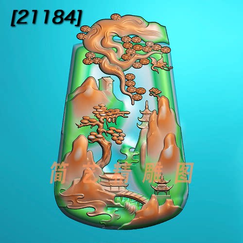 玉雕图精雕图仿古牌头山水浮雕图灰度图bmp