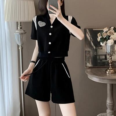 黑色休闲运动套装女夏季炸街减龄