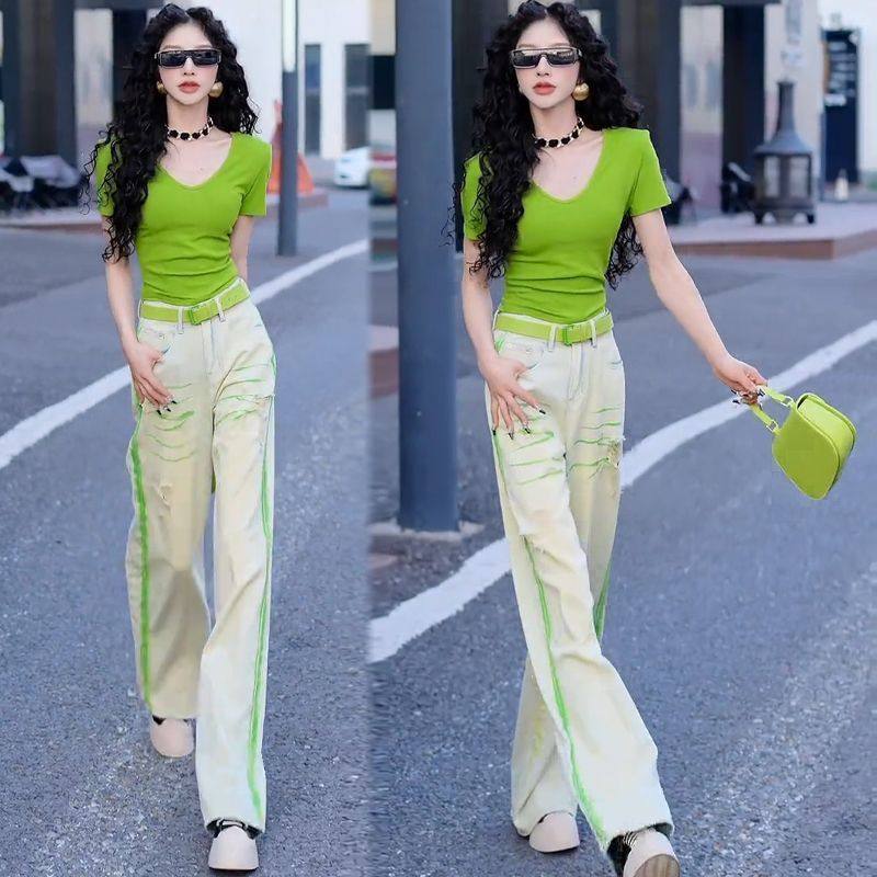 时尚气质套装夏季气质短款显瘦时尚T恤上衣绿色破洞直筒牛仔裤女,女装/女士精品,时尚套装,淘宝优惠券,粉丝福利购,淘宝优惠卷