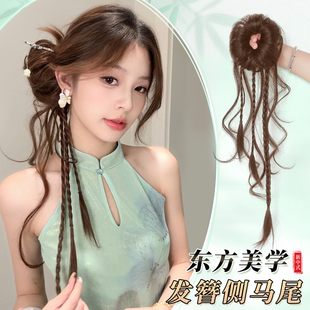 新中式假发辫子侧扎龙须抽丝花苞盘发发圈温婉古风麻花辫编发马尾