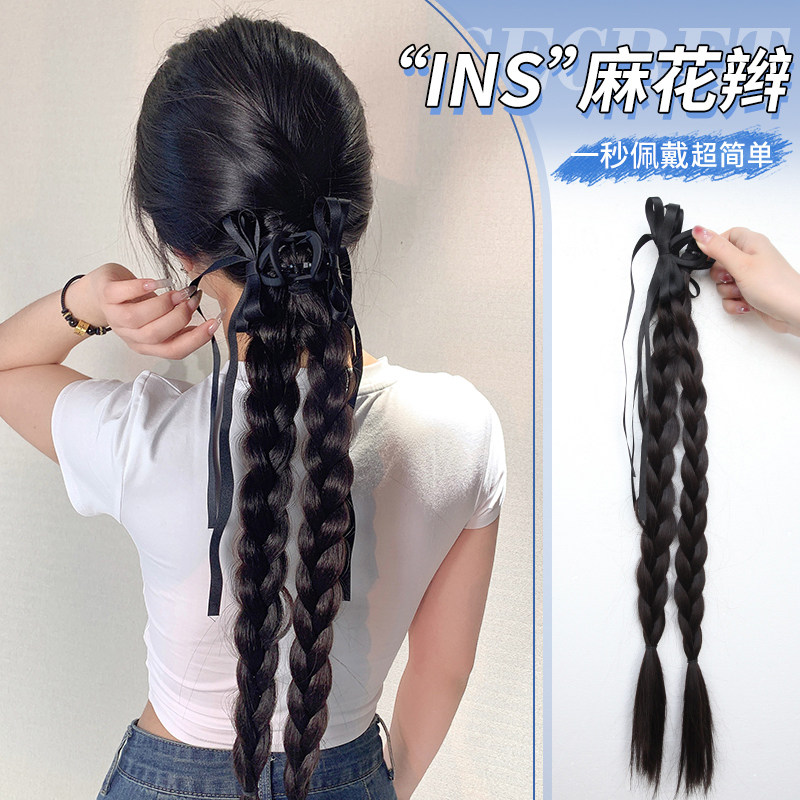 假发辫子抓夹式网红ins自然高低双马尾蝴蝶结丝带麻花辫减龄长辫