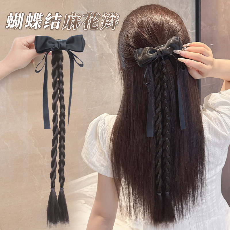 假发辫子甜美半扎抓夹麻花辫仿真发丝带蝴蝶结后脑勺发饰马尾长辫