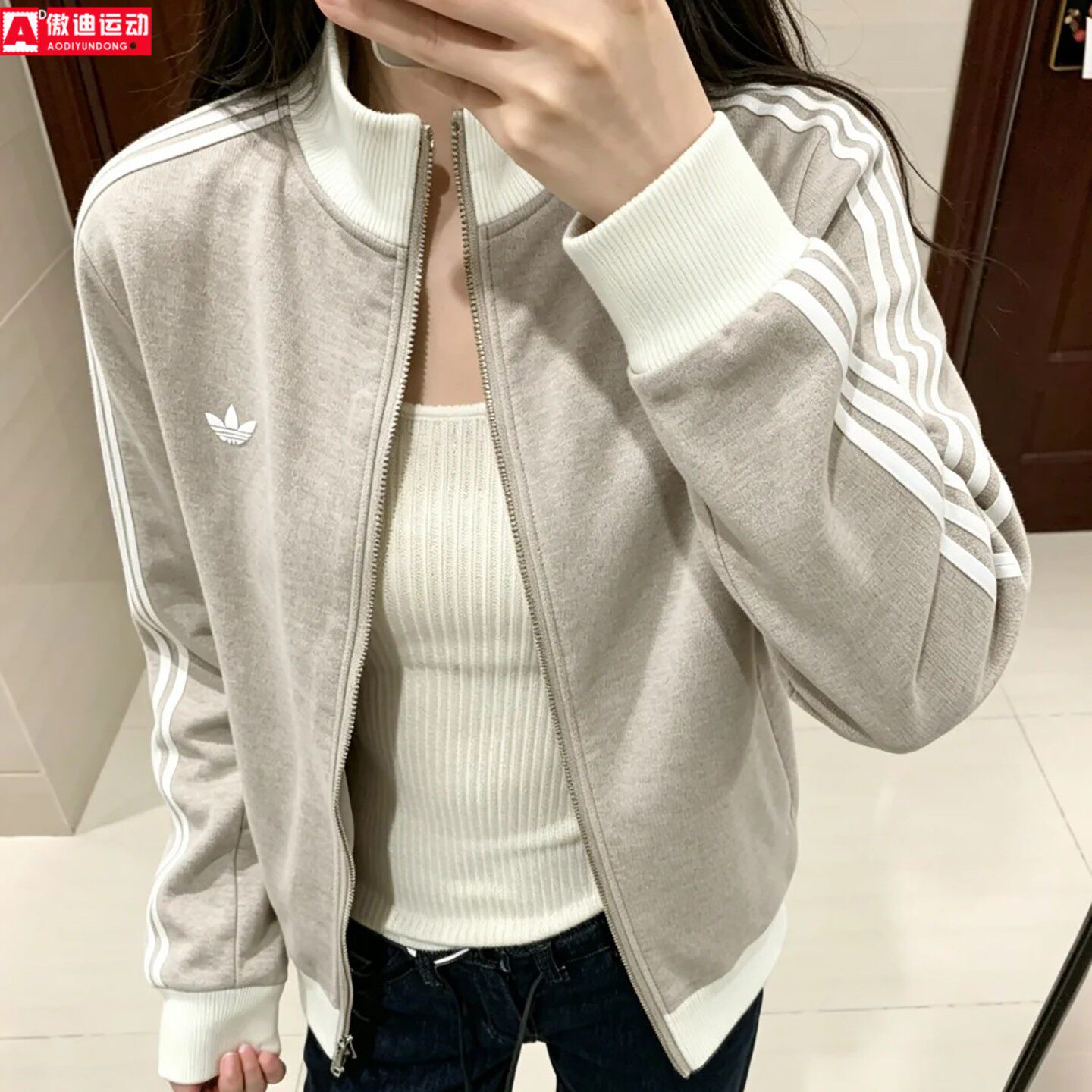 Adidas 阿迪达斯三叶草男女2026冬季新款灰色外套针织夹克 KZ0511