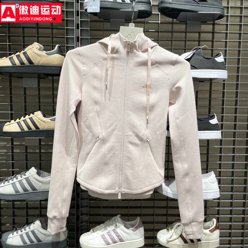 阿迪达斯女装2026春季新款简约针修身短装运动连帽夹克外套KH2701