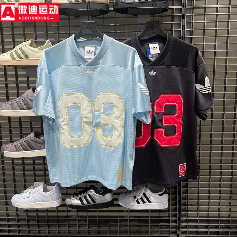 阿迪达斯三叶草男款2026夏新品宽松休闲V领短袖球衣KU3878 KU9215