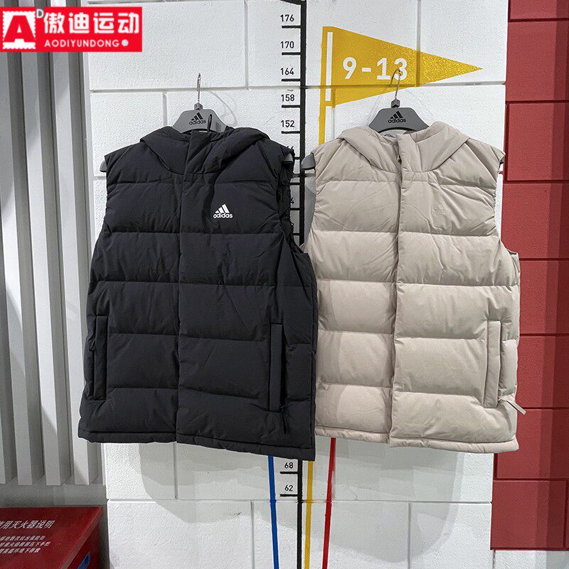 阿迪达斯男装2024冬新款百搭保暖羽绒连帽马甲背心 HG6277 IX8857