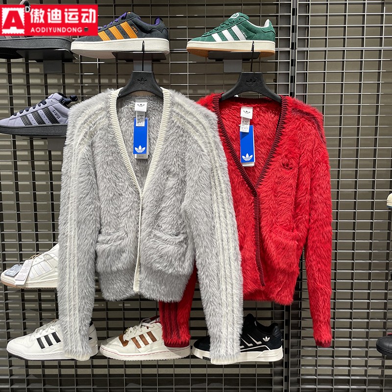 阿迪达斯三叶草女子2026新年款红色针织开衫休闲外套 KT3171 3170