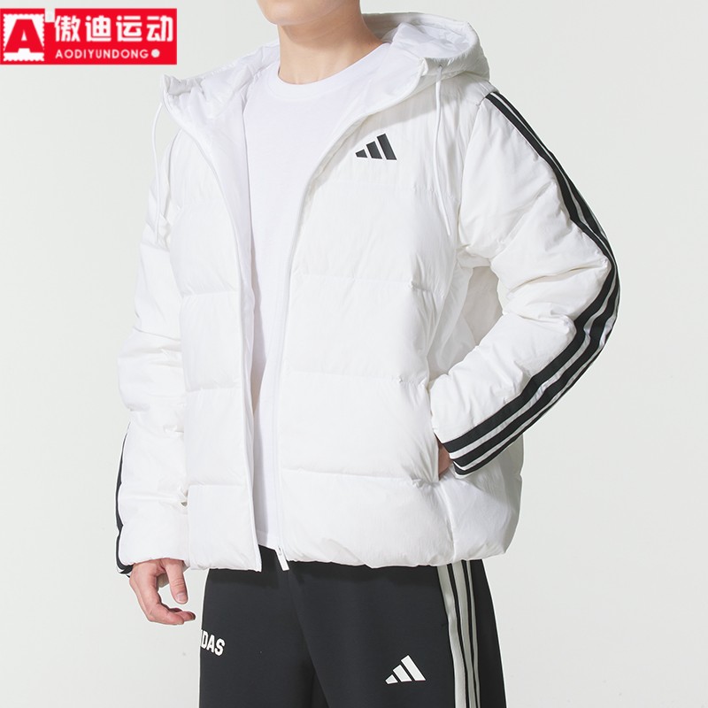 阿迪达斯男装2025冬新款经典三条纹简约保暖连帽羽绒服外套KH3988