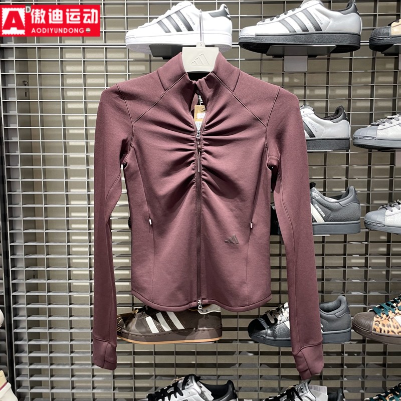 阿迪达斯女外套2026春季短款修身褶皱瘦身立领健身运动夹克KU5376