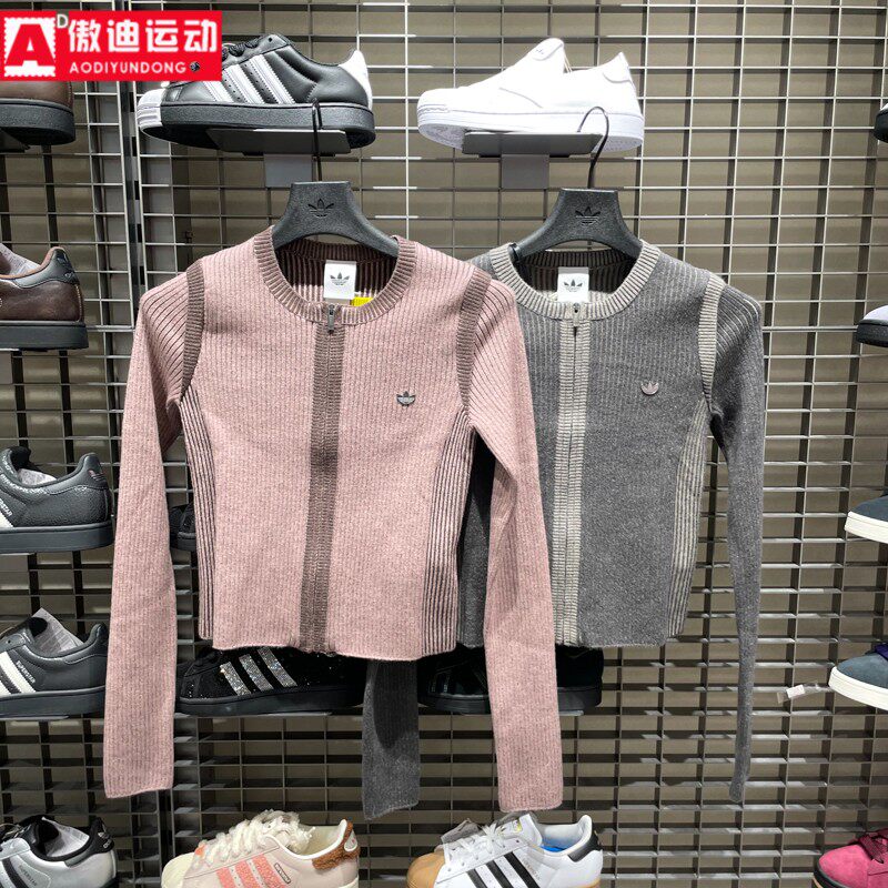阿迪达斯三叶草女装2026春新品短款紧身运动针织衫开衫毛衣KR5037