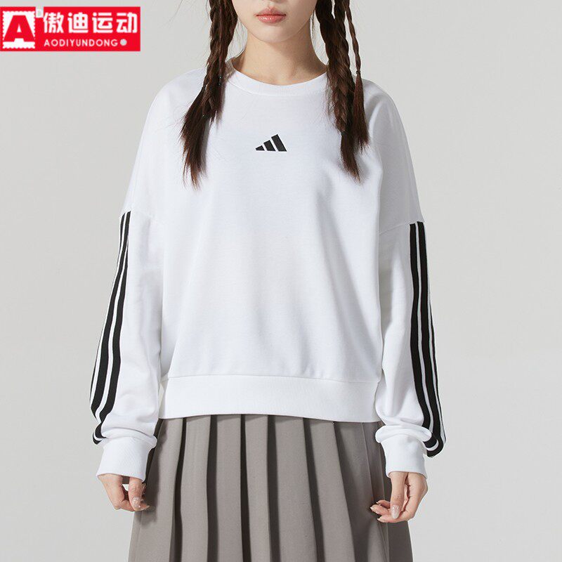 阿迪达斯卫衣女2025秋新款毛圈宽松短款条纹长袖运动套头衫JD5285