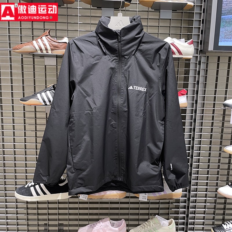 阿迪达斯外套男2025秋季款户外防水透湿抽绳运动连帽冲锋衣JM8692