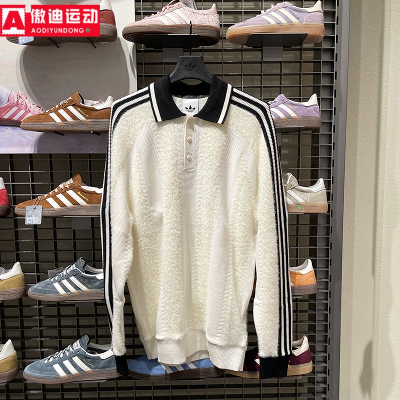 阿迪达斯三叶草男装2025冬季针织条纹拼接休闲POLO领套头衫JX3836