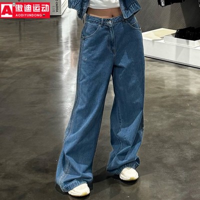 阿迪达斯三叶草牛仔裤女2024冬款复古宽松阔腿休闲运动长裤IW5760