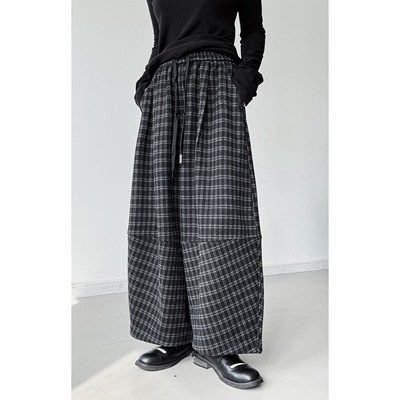 浮木兮/英伦风复古格子毛呢阔腿裤加厚保暖宽松弯刀裤休闲裤