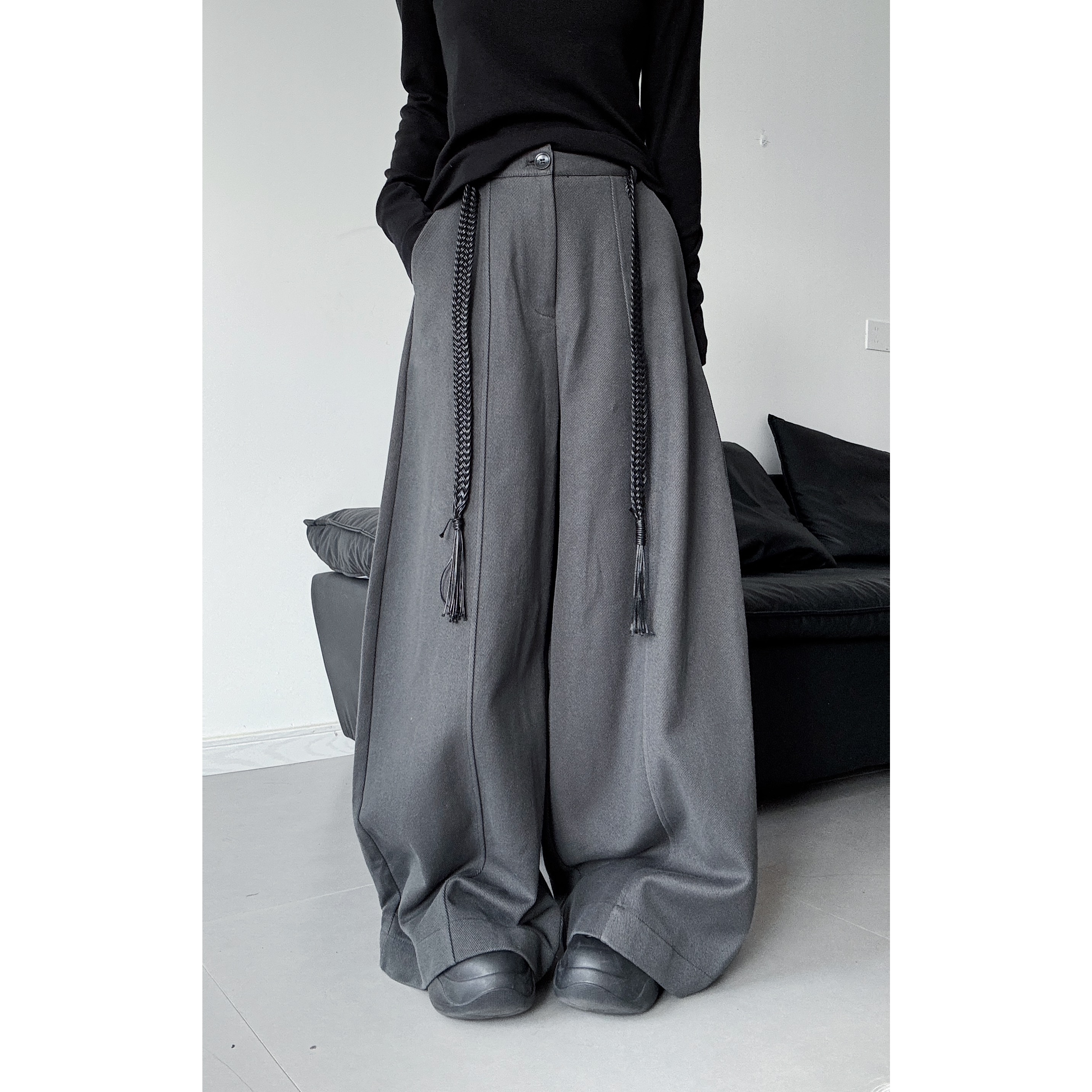 浮木兮/极简风绑带高腰阔腿裤美式显瘦通勤休闲裤垂感长裤