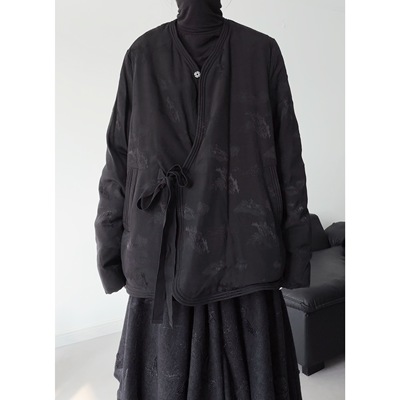 浮木兮/贵气感新中式斜系带羽绒服女国风提花黑色v领白鸭绒外套