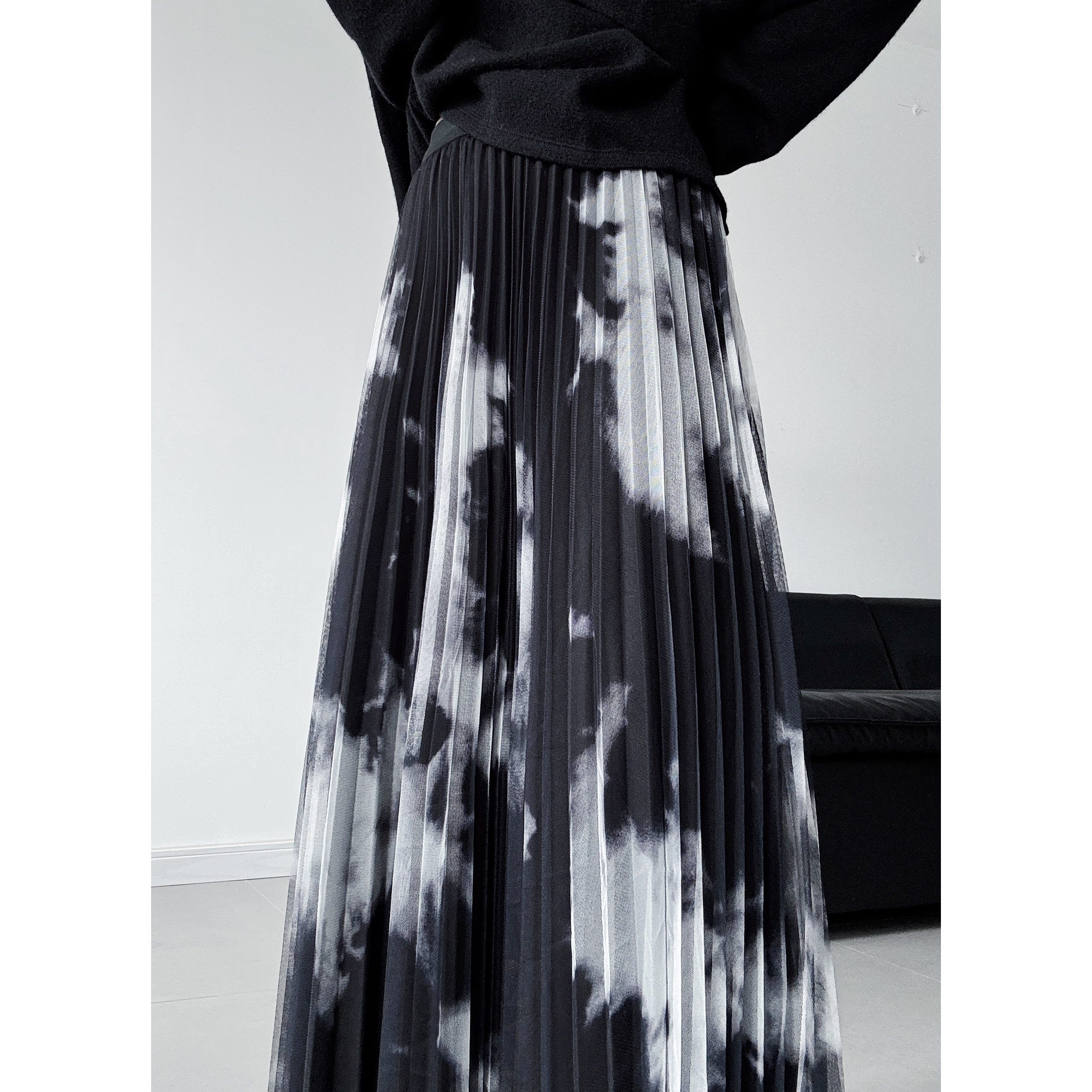 浮木兮/小众设计水墨画印花百褶半身裙女高腰显瘦艺术感A字长裙