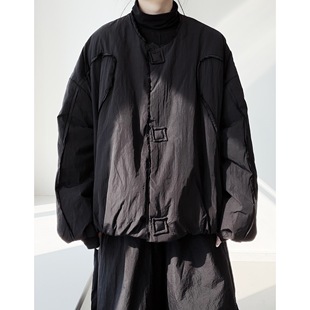 浮木兮/暗黑风缝线设计感短款羽绒服90白鸭绒黑色圆领保暖外套