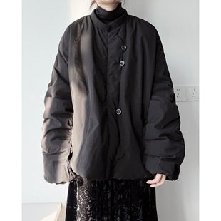 浮木兮 90白鸭绒外套 小众设计斜襟纽扣羽绒服轻薄黑色宽松堆堆袖