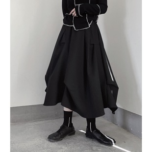 浮木兮 暗黑风捏褶不规则毛呢料半身裙秋冬小众设计感百搭黑裙子