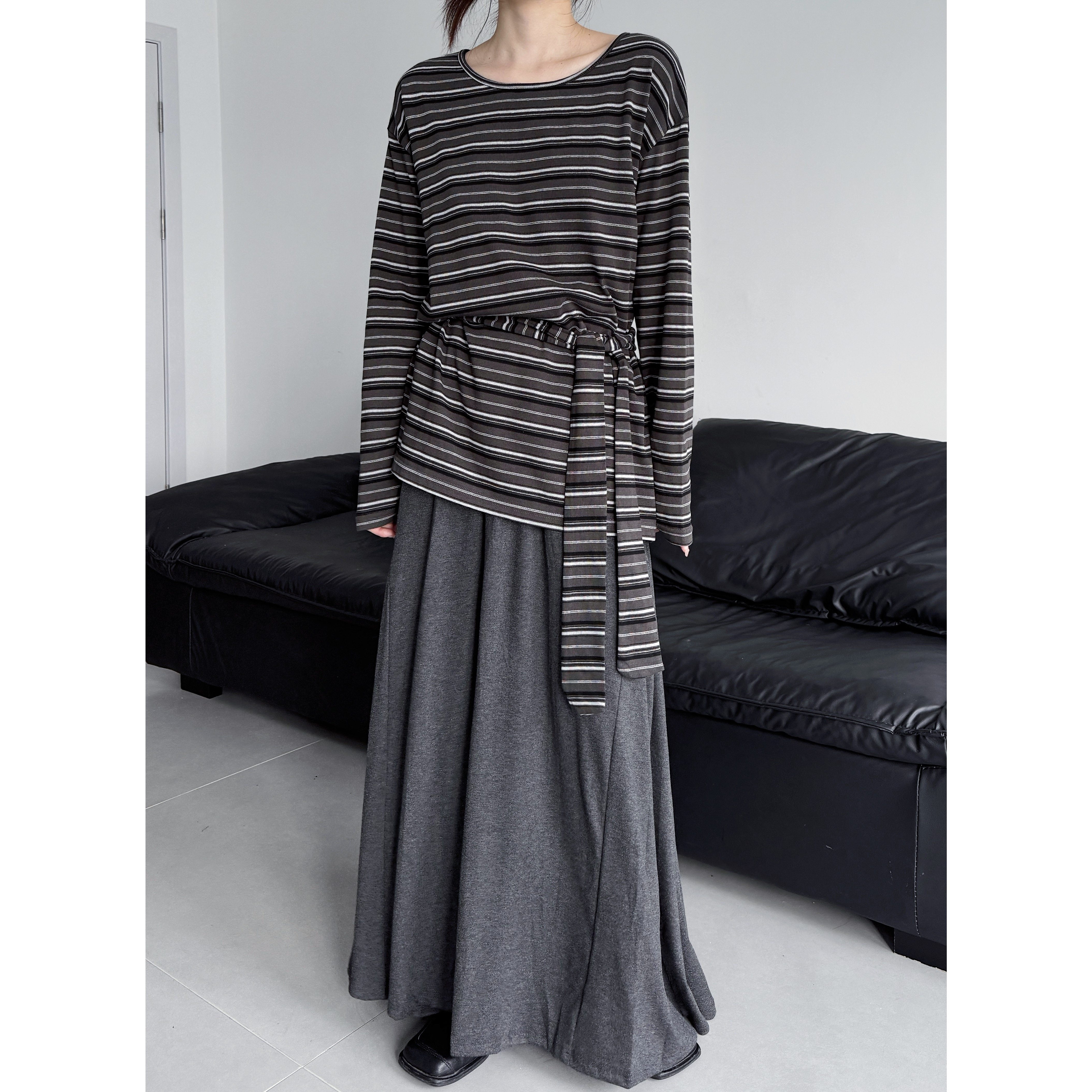 浮木兮/慵懒风细条纹绑带圆领长袖T恤随性感韩系显瘦宽松开叉上衣