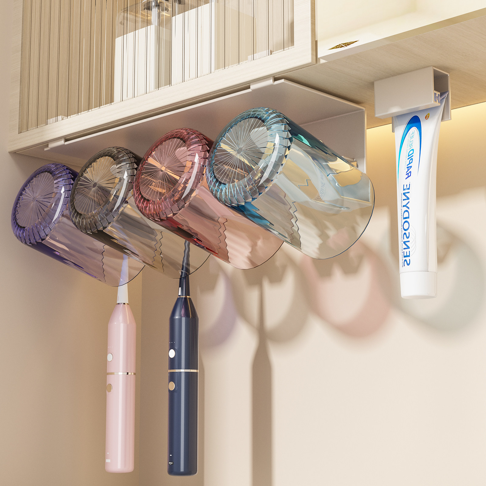 镜柜下牙刷置物架免打孔卫生间壁挂洗漱台漱口杯牙杯挂壁一家四口