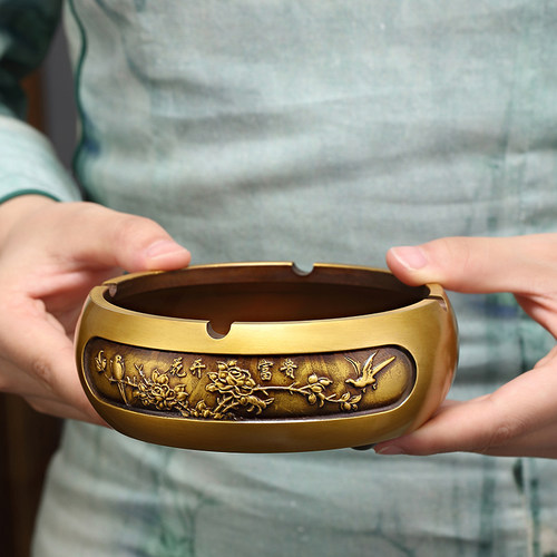 精选大号纯黄铜烟灰缸中式家用客A厅防飞灰办公室轻奢高档创意复