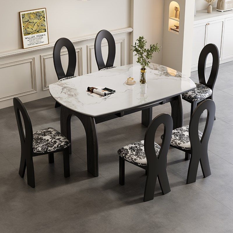 精选法式实木岩板餐桌高端中w古风复古吃饭桌子家用小户型折叠可