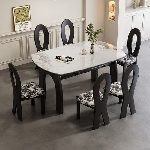 精选法式实木岩板餐桌高端中w古风复古吃饭桌子家用小户型折叠可