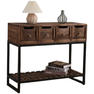 精选简约实木斗柜储物柜卧室复古边柜客厅架子玄关T柜子北欧铁艺