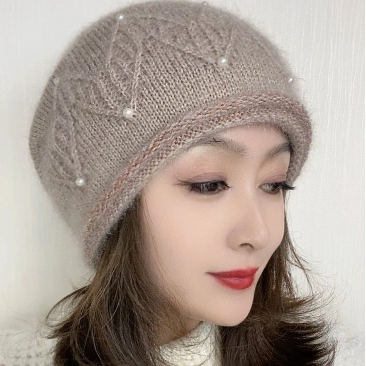 手工双层保暖针织帽时尚珍珠头套护耳包头帽堆堆帽妈妈冬季帽子女