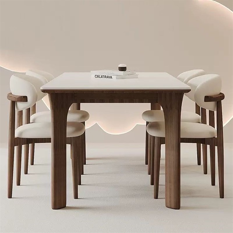 优选楠运黑e胡桃木德利丰实木岩板餐桌椅组合现代简约奶油风长方