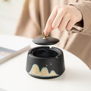 创意时尚 精选远山陶瓷烟灰缸n带盖复古中式 办公室防飞灰家用客厅