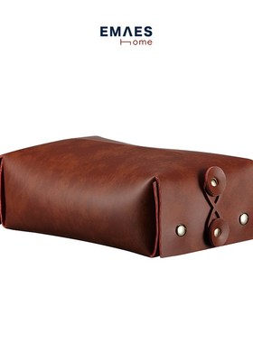 优选EMAES 欧式复古圆筒形超柔软皮革纸巾盒P客厅卧室轻奢风车载