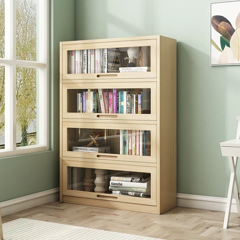 优选松木书架全j实木落地置物架防尘储物柜有机玻璃门移动自由组