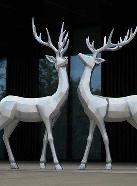 优选仿不绣钢鹿雕塑摆件金属银y色梅花鹿玻璃钢新中式户外园林景
