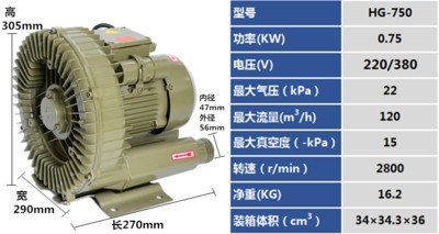 新品富力HG750 750S高压旋涡气泵吹吸鼓风机海鲜养殖增气泵增氧