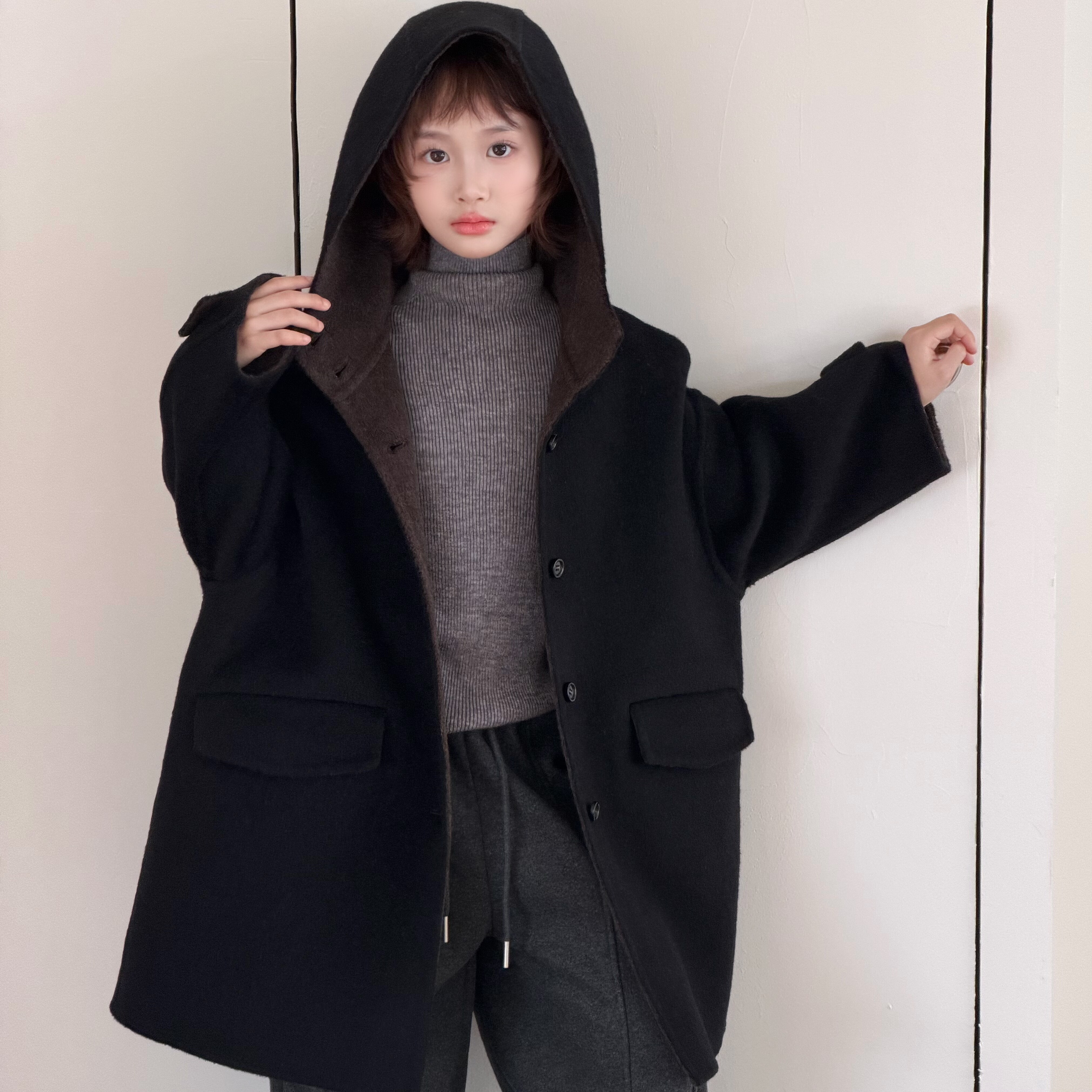 【小喜自制】潮童新品双面呢大衣韩系亲子款羊毛呢外套男童连帽女