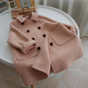 小喜自制高级粉100%羊毛双面羊绒手工大衣女童亲子装冬新款韩版