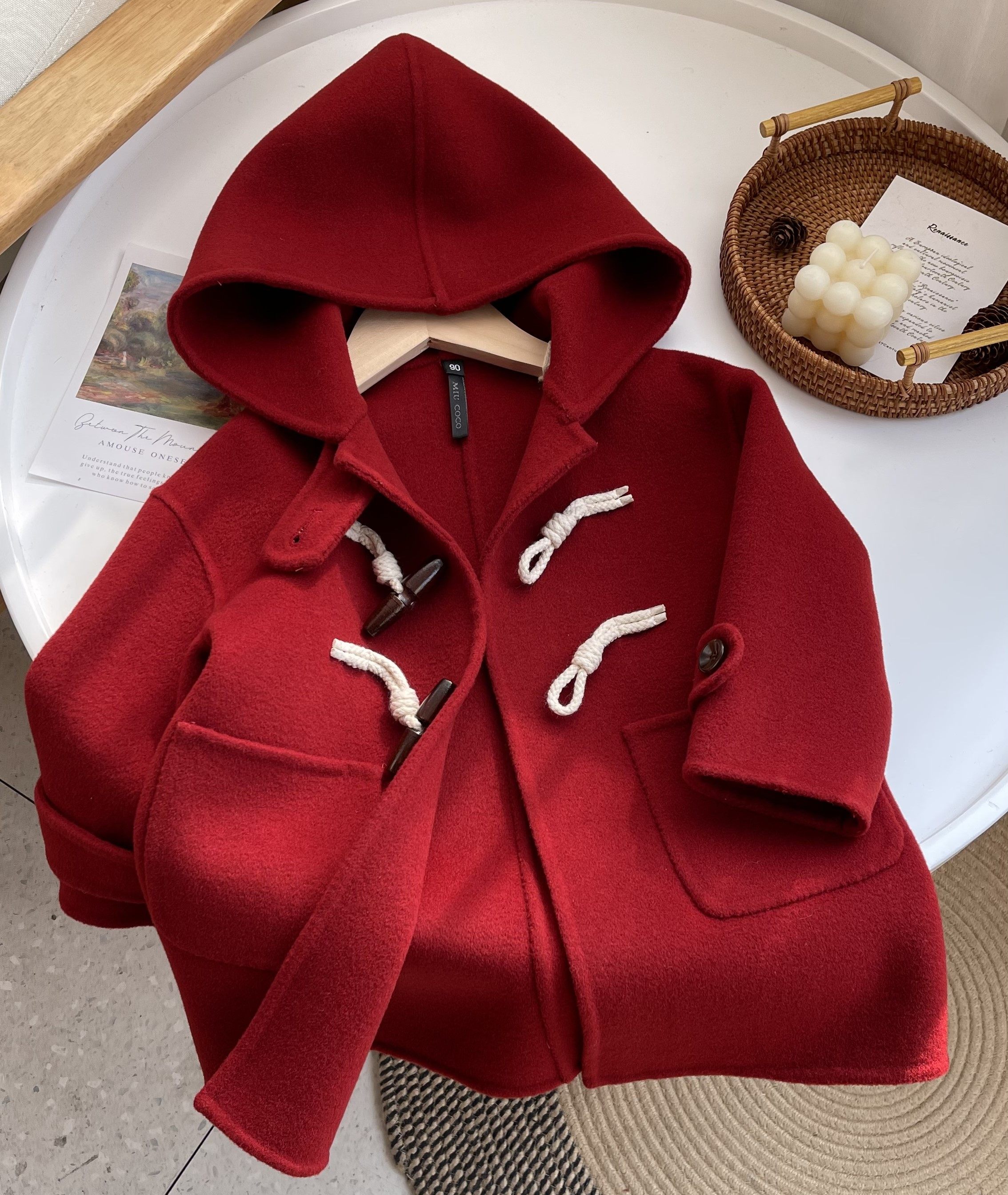 2022秋冬新款男童女童酱红色牛角扣双面羊绒大衣中长款洋气毛呢外