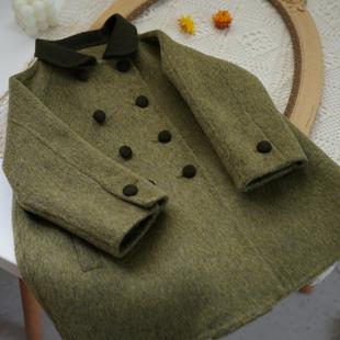 复古骆驼绒+羊毛双面羊绒大衣女童海苔绿拼色洋气儿童双面呢外套