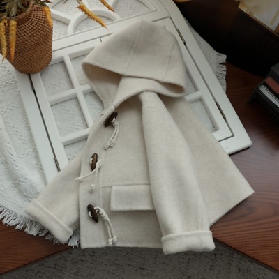 米白牛角短款连帽双面羊毛手工