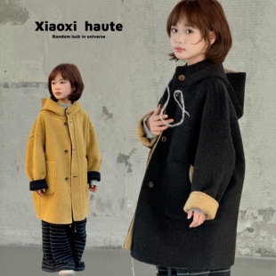 小喜自制亲子双面羊毛大衣男童女童连帽宽松韩系秋冬两面穿外套
